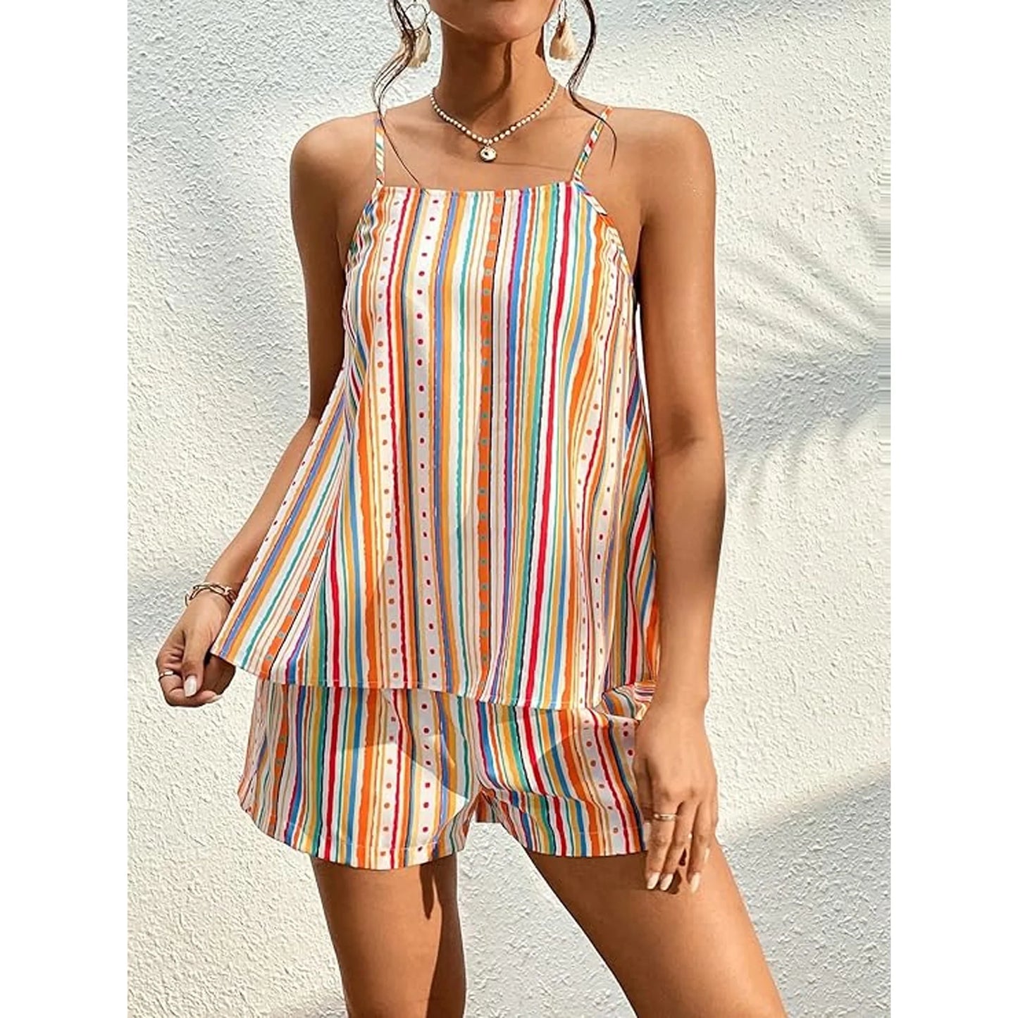 MLDRA Women's 2 Piece Outfits Boho Striped Print Cami Top and Shorts Set Summer Romper