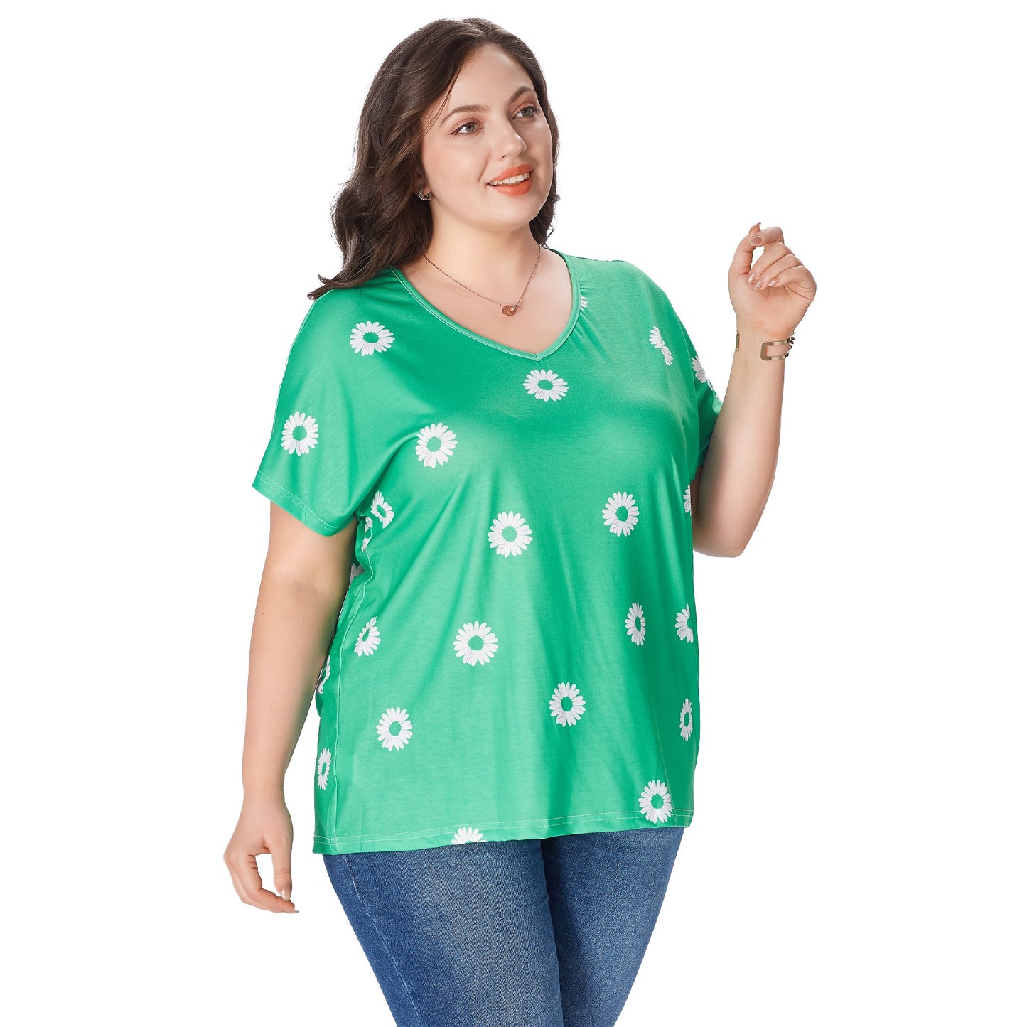 2025 Women's Plus Size Top Flower Printed V Neck Short Sleeve Casual Plus Size Tops for Women