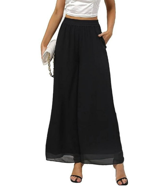 Womens Chiffon Dress Pants Palazzo Wide Leg Beach Trouser Elastic Waist Culottes with Pocket