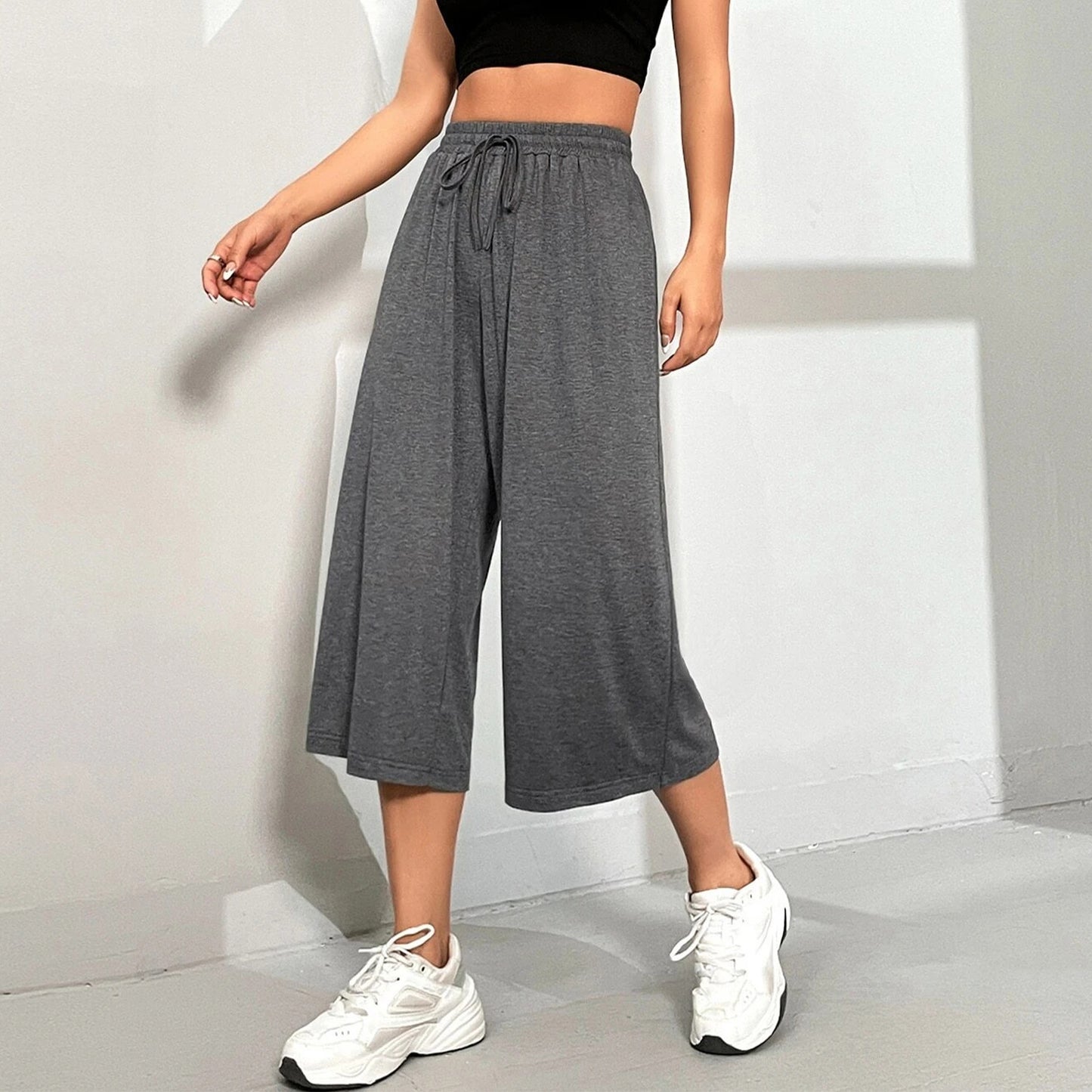 MLDRA Womens Capri Pants Wide Leg Sweatpant Loose Yoga Flared Drawstring Comfy Lounge Pajama Palazzo Capris Adjustable with Pockets