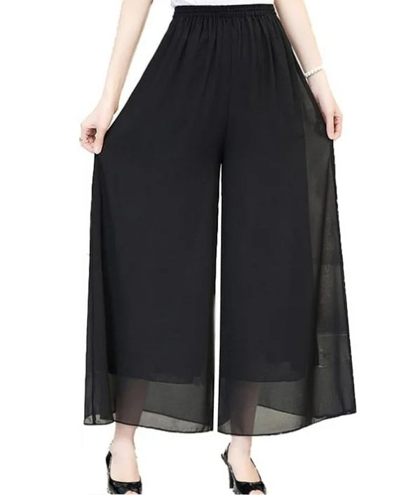 Womens Chiffon Dress Pants Palazzo Wide Leg Beach Trouser Elastic Waist Culottes with Pocket