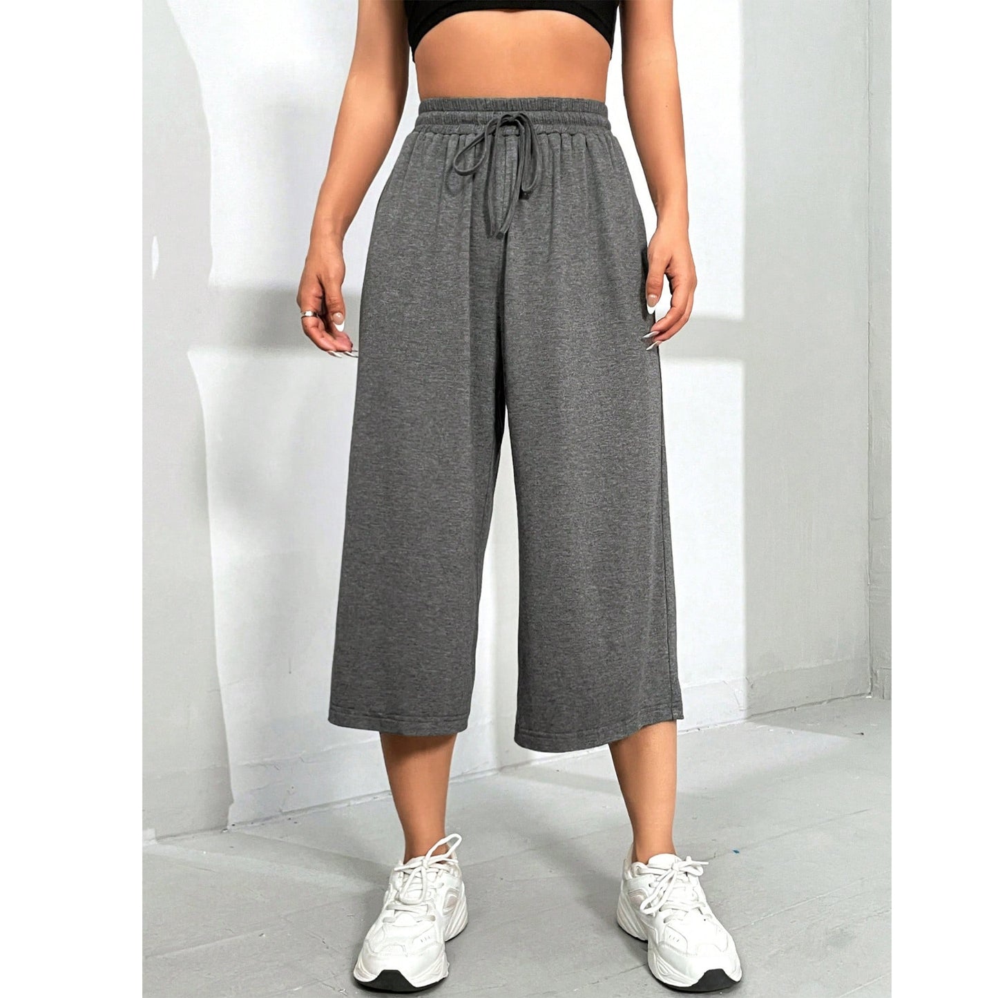 MLDRA Womens Capri Pants Wide Leg Sweatpant Loose Yoga Flared Drawstring Comfy Lounge Pajama Palazzo Capris Adjustable with Pockets