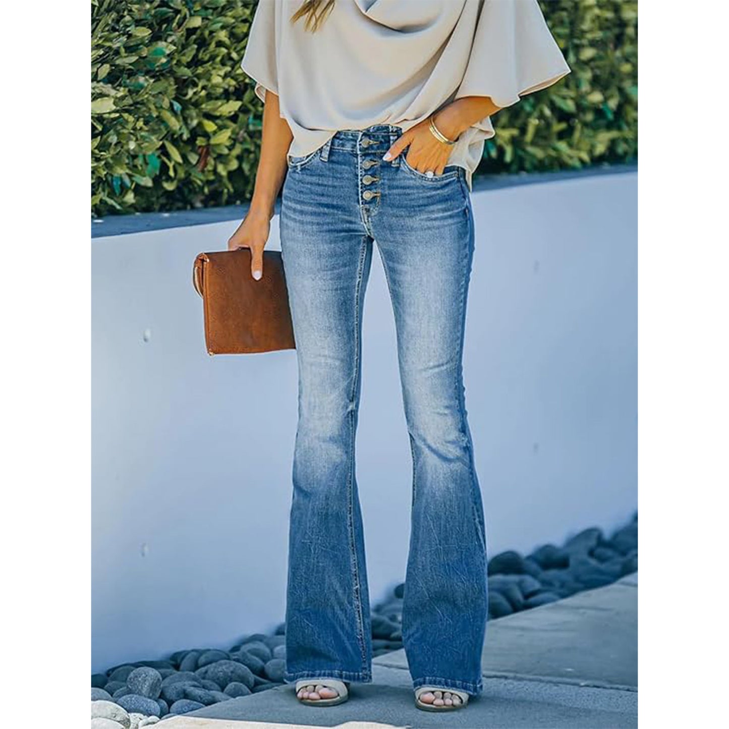 MLDRA Womens Jeans Flare Bell Bottom High Waist Bootcut Button Fly Slim Vintage Trousers Denim Pants
