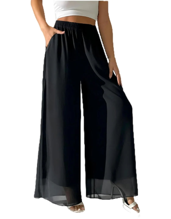 Womens Chiffon Dress Pants Palazzo Wide Leg Beach Trouser Elastic Waist Culottes with Pocket