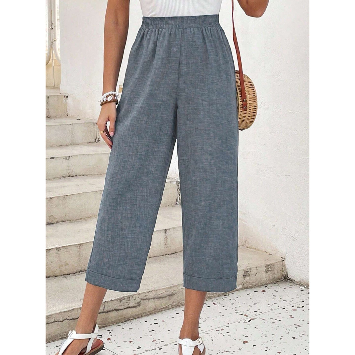 MLDRA Womens Capri Linen Cropped Pants Loose Fit Wide Leg Yoga Casual Elastic Waist Trousers with Pockets Blue