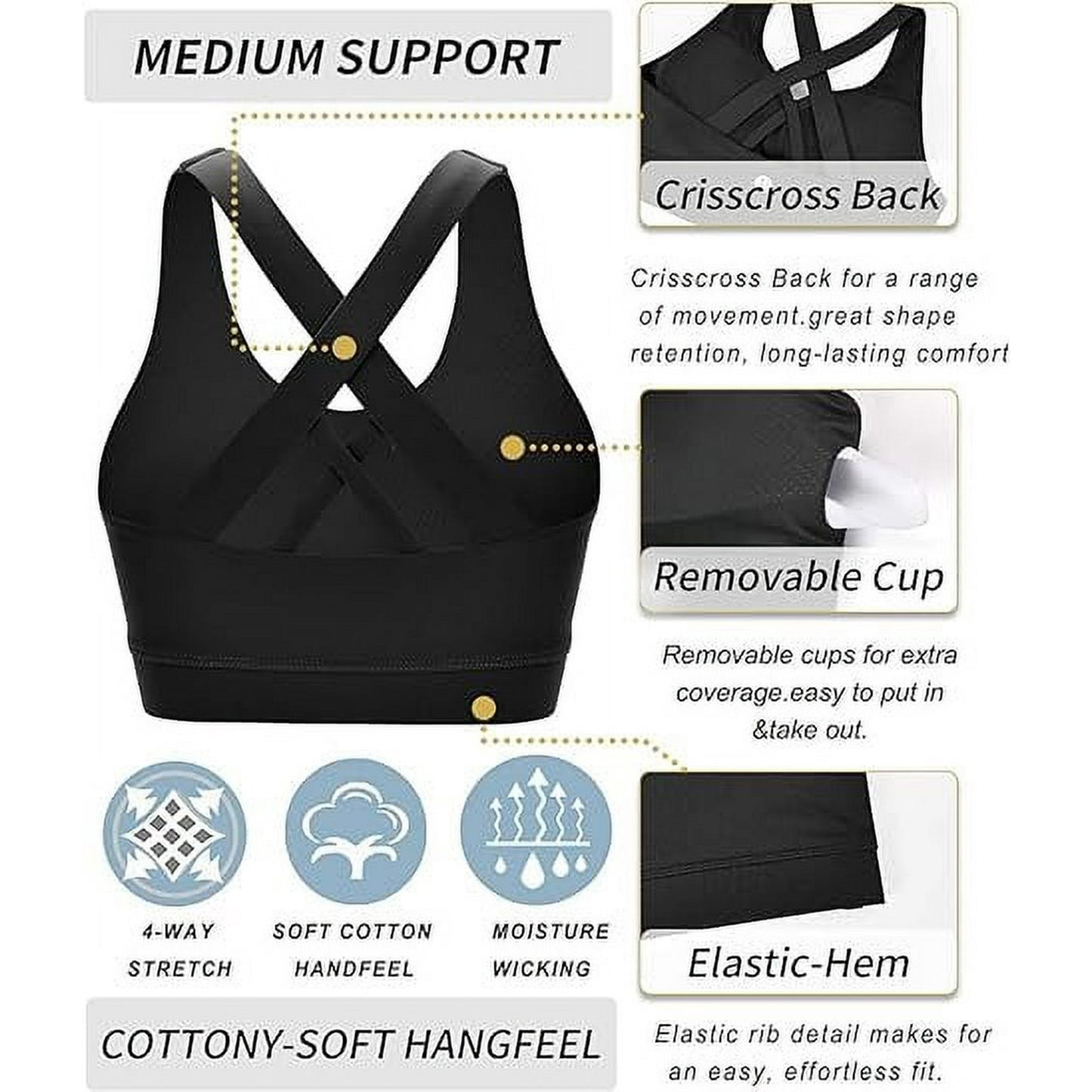 2 Pack Sports Bras for Women, Supportive Workout Bras, Criss-Cross Back Padded Strappy Yoga Bra with Removable Cups