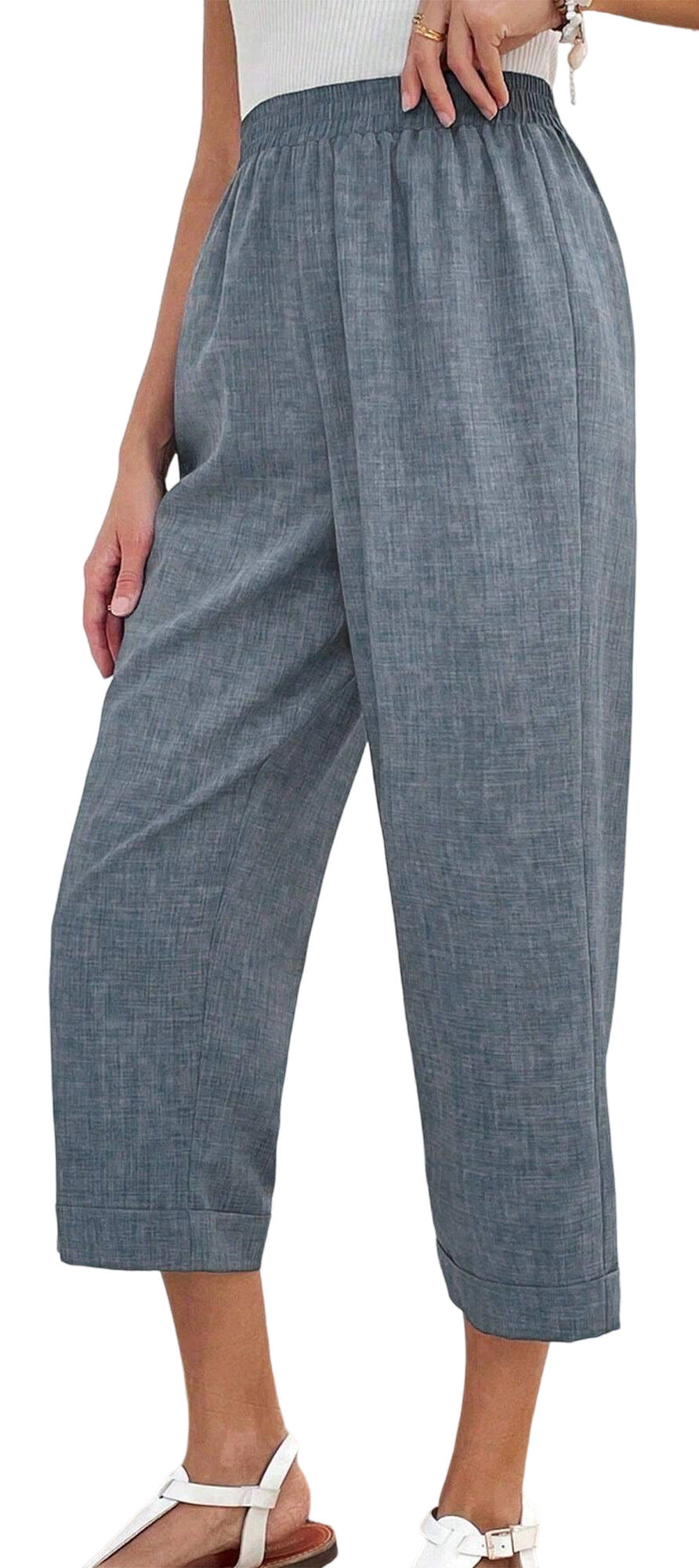 MLDRA Women’s Linen Capri Pants Cropped Wide Leg Palazzo Yoga Casual Pants Elastic Waist Loose Fit with Pockets Summer