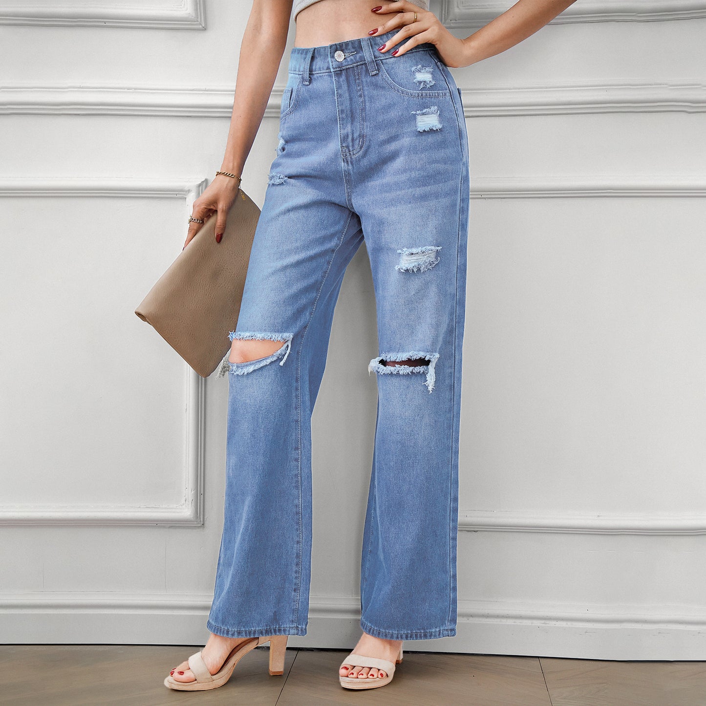 Womens Jeans Ripped Denim Pants Wide Leg Baggy Boyfriend Streetwear Long Denim Trousers