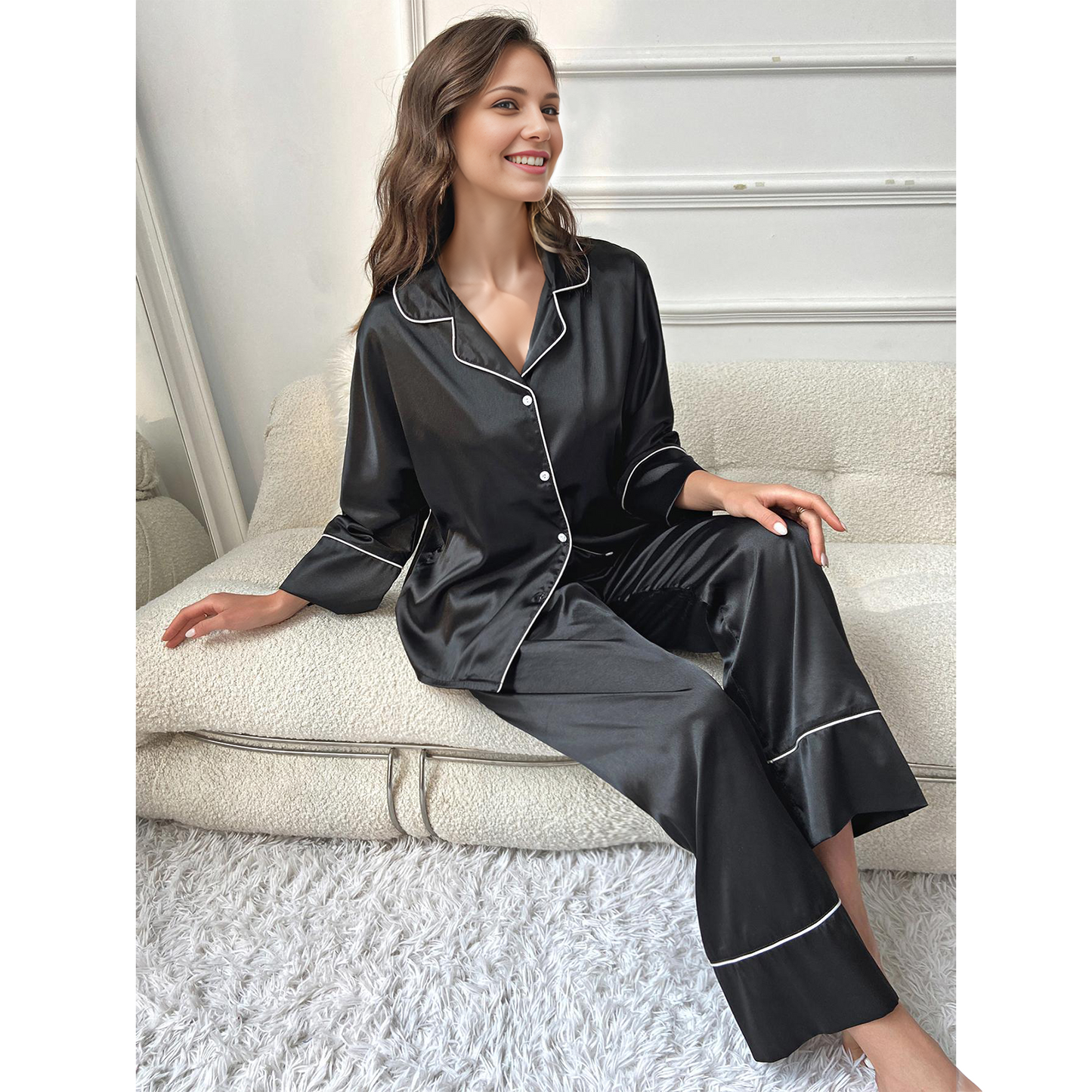 MLDRA Womens Pajamas Sets Long Sleeve Satin Pjs Silk Loungewear Button Down Shirt Long Pants Nightwear