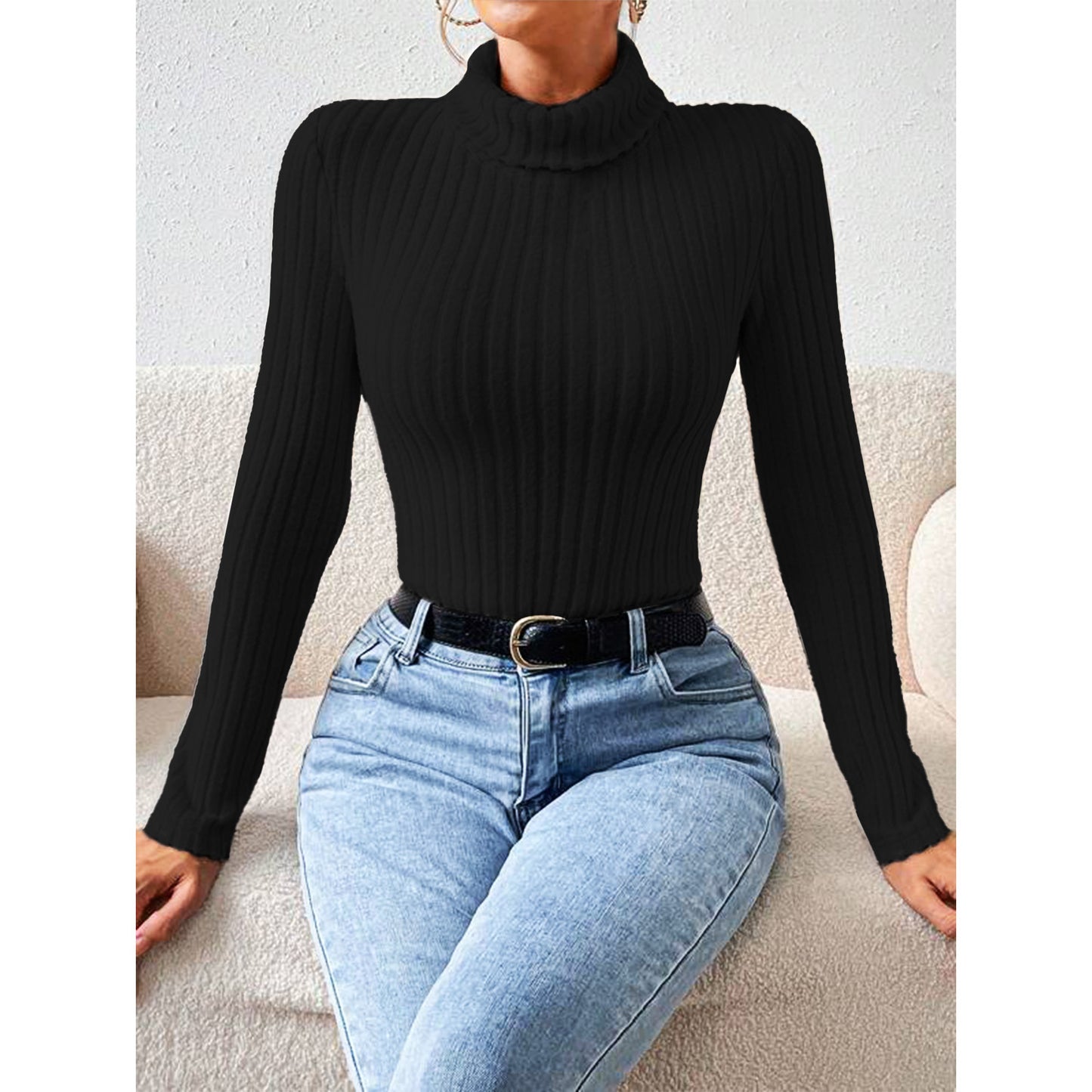 MLDRA Womens Bodysuit Tummy Control Long Sleeve Turtle Neck Ribbed Knit Stretchy Slim Fit Tops Black