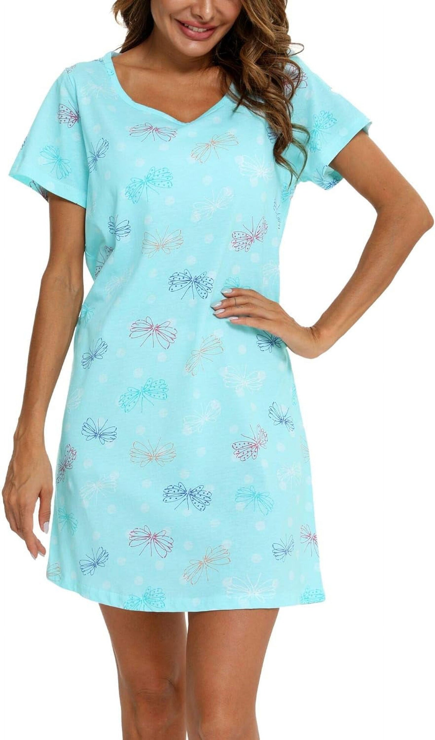 Womens Nightgowns Cotton Soft Sleepwear Sleep Shirt Pajama Dress Short Sleeve Nightshirt Print Sleepshirt