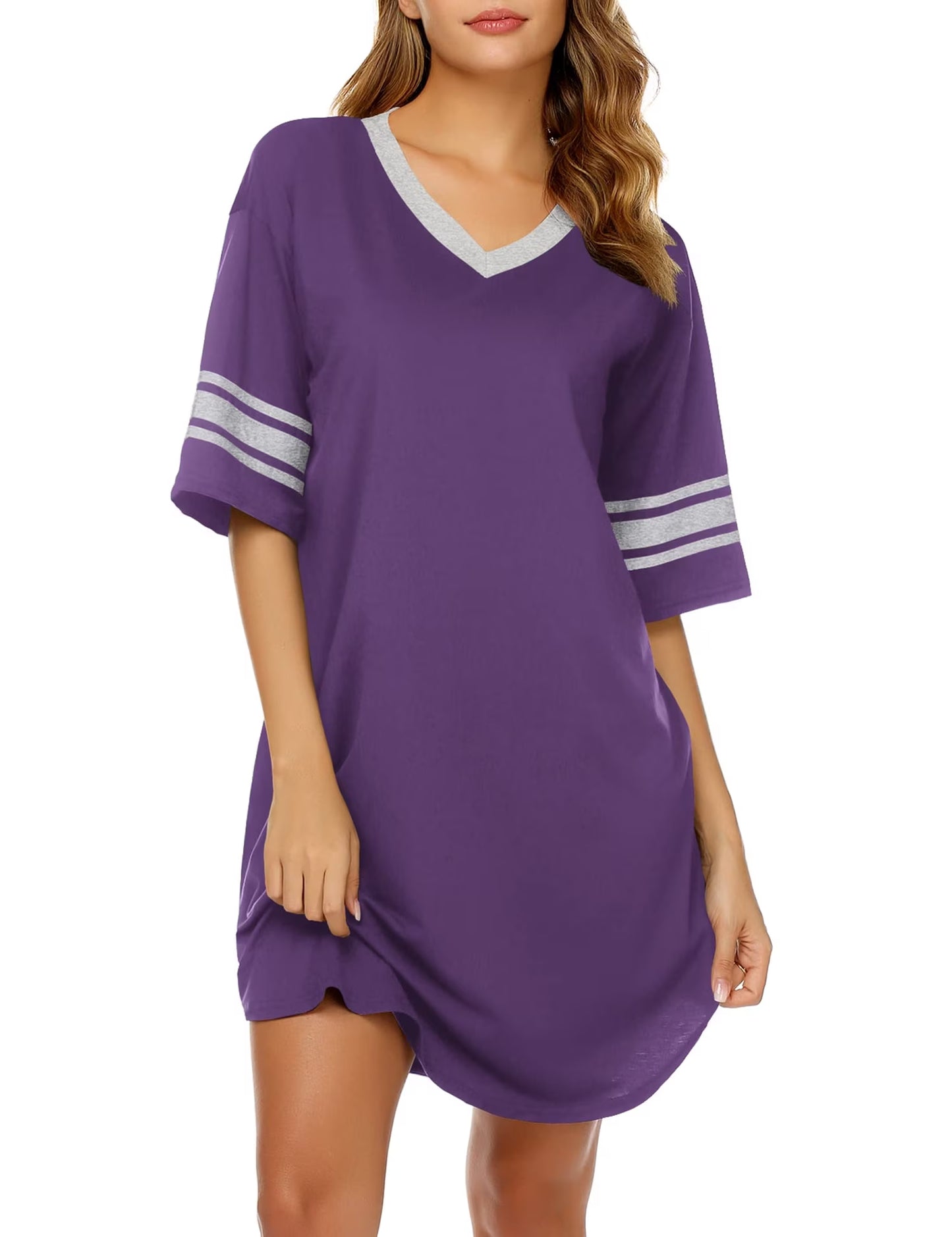 MLDRA Nightgown for Women Short Sleeve Sleepwear Casual Cotton Sleep Shirt Soft V Neck Lounge Sleep Shirts Color Block