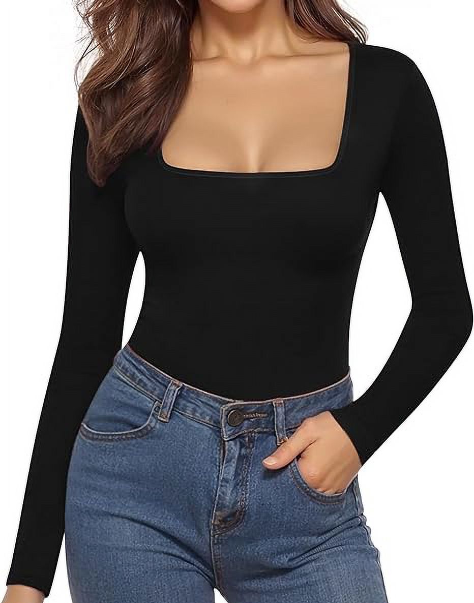 Body Suit Tummy Control Bodysuit Deep V Neck Long Sleeve Tops Black Bodysuits for Women Black