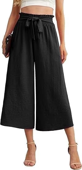 MLDRA Womens Capri Pants Linen Cropped Pants with Pockets Loose Fit Wide Leg Yoga Casual Elastic Waist Ladies Trousers Blue