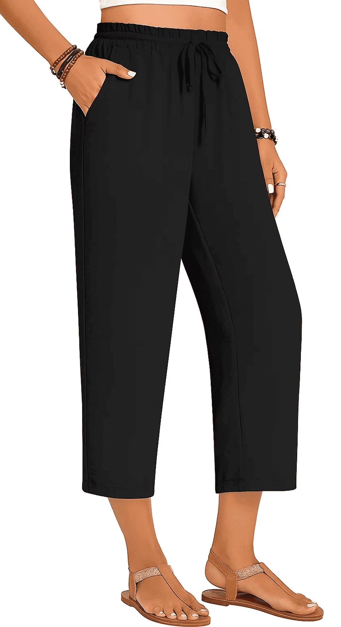 MLDRA Womens Capri Yoga Wide Leg Pant Sweatpants Palazzo Leggings Lounge Workout Cropped Work Loose High Waisted Drawstring Pajama with Pockets Summer Fall Lightweight Thin Black