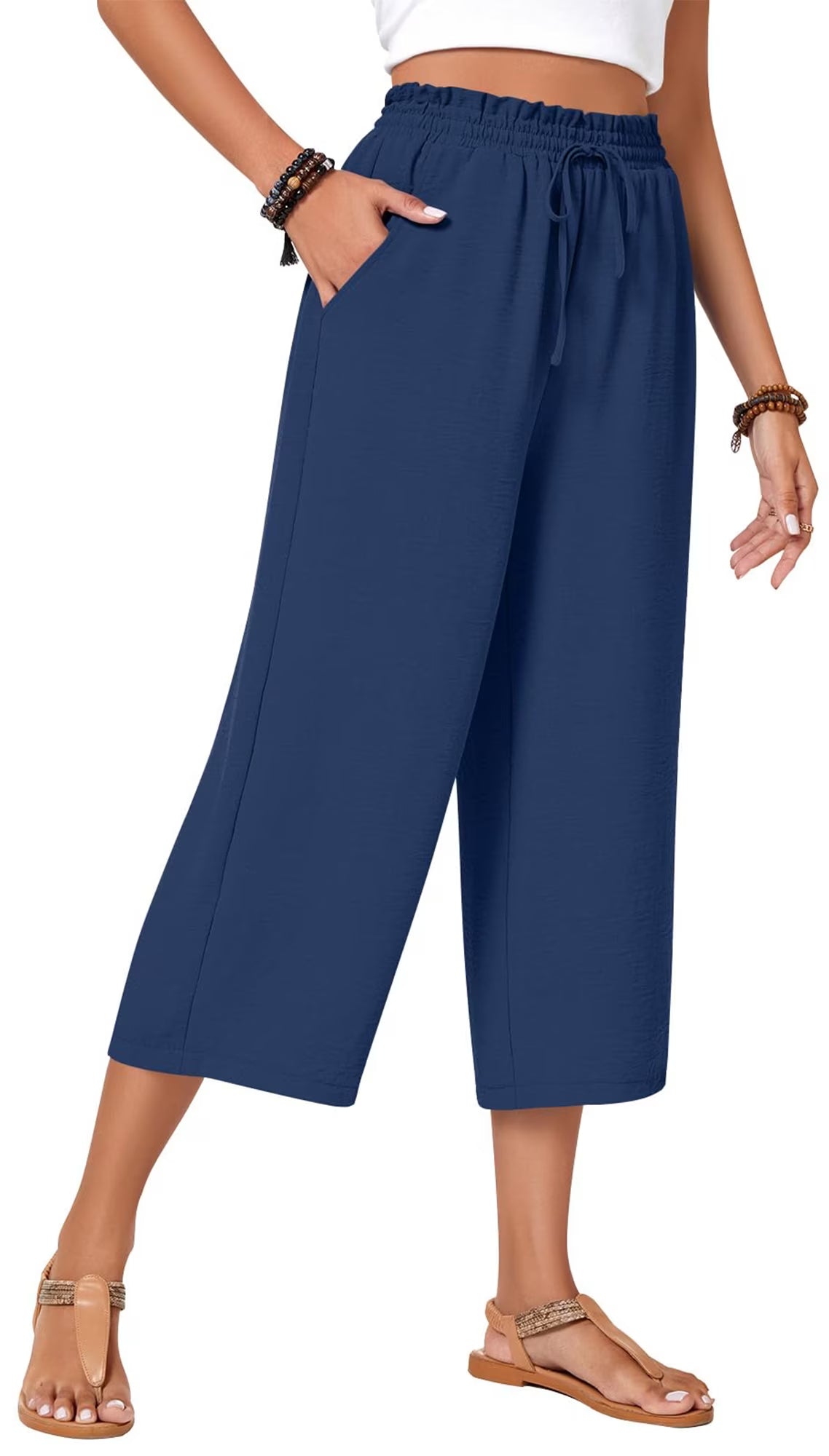 MLDRA Womens Capri Yoga Wide Leg Pant Sweatpants Palazzo Leggings Lounge Workout Cropped Work Loose High Waisted Drawstring Pajama with Pockets Summer Fall Lightweight Thin Black