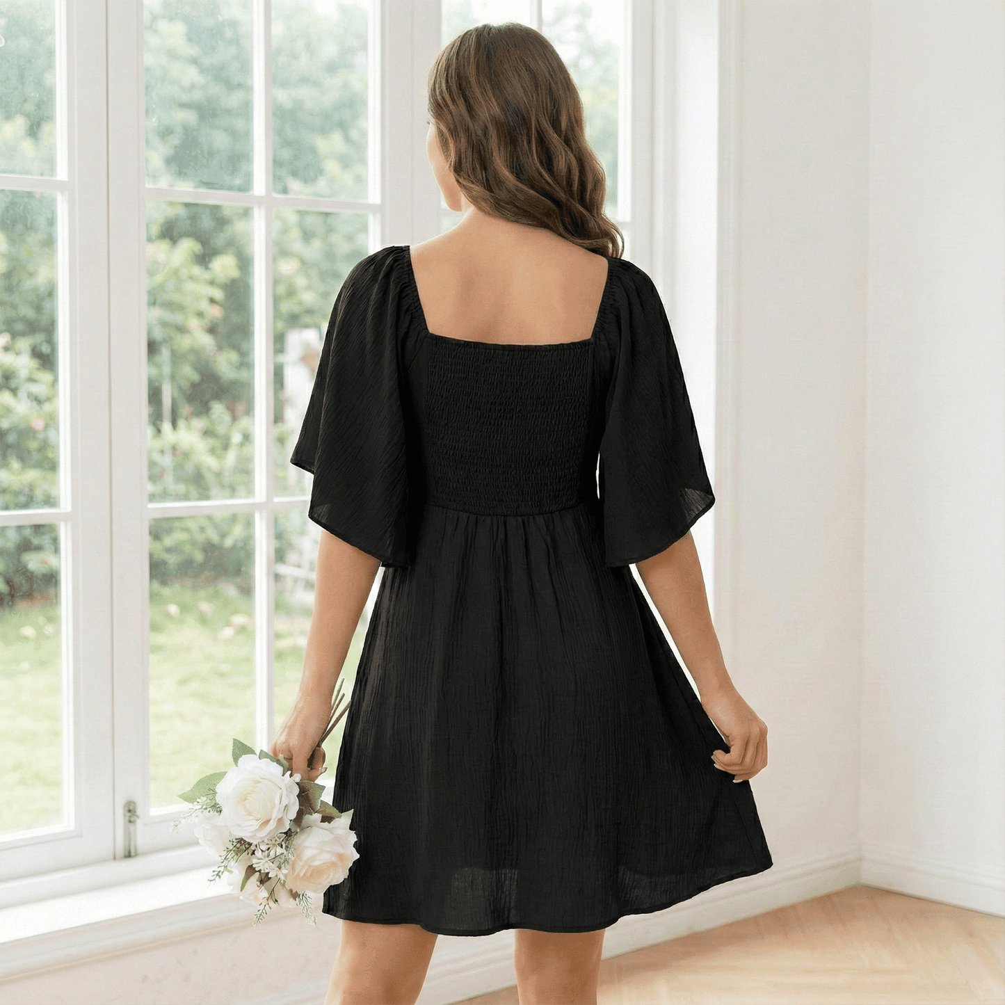MLDRA Summer Dresses for Women Bow Tie V Neck Elegant Mini Sundress Black Dress Flowy Ruffle Short Sleeve Cocktail Dress