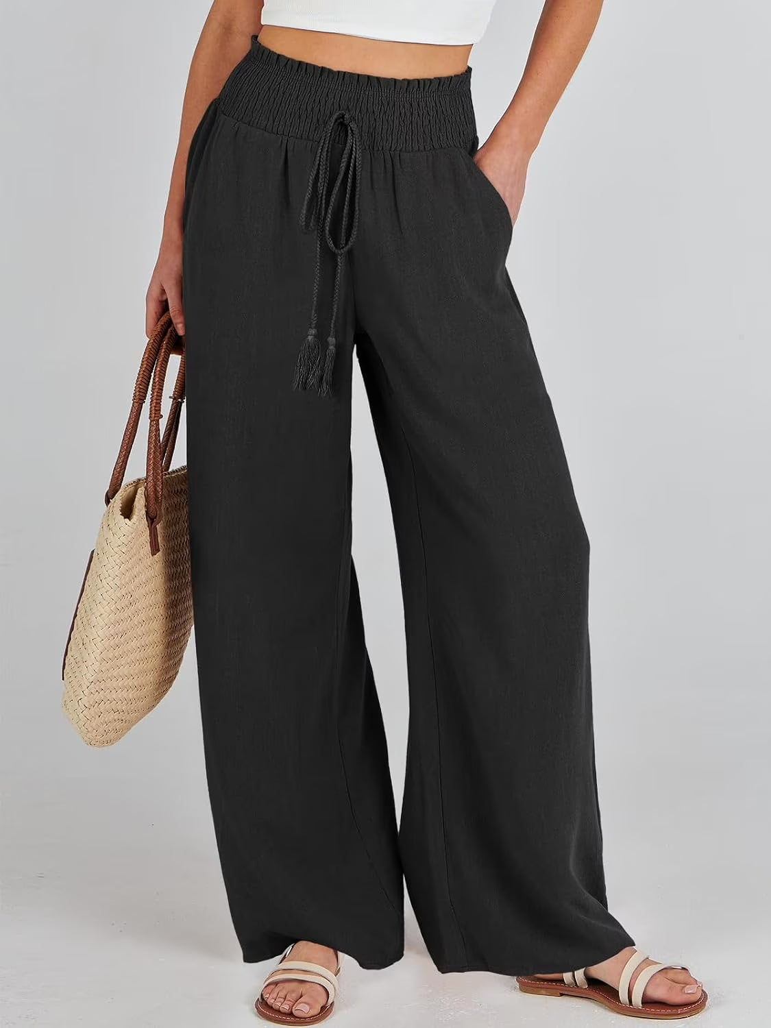 MLDRA Linen Pants for Women Wide Leg Pants High Waist Wide Leg Trousers Trendy Lounge Pant with Pockets (Available in Plus Size)