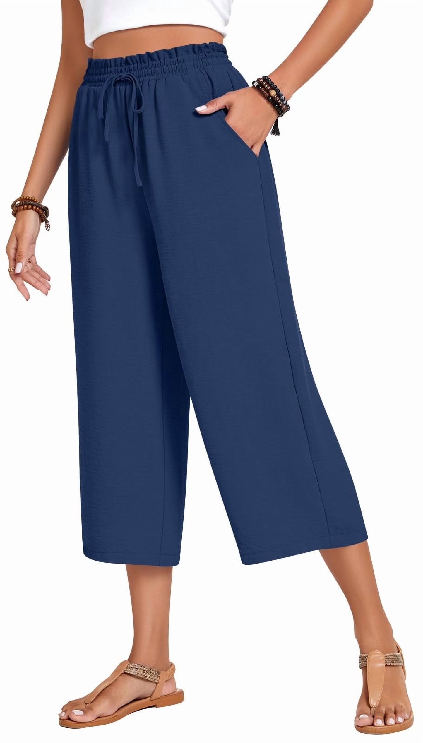 MLDRA Womens Capri Yoga Wide Leg Pant Sweatpants Palazzo Leggings Lounge Workout Cropped Work Loose High Waisted Drawstring Pajama with Pockets Summer Fall Lightweight Thin Black