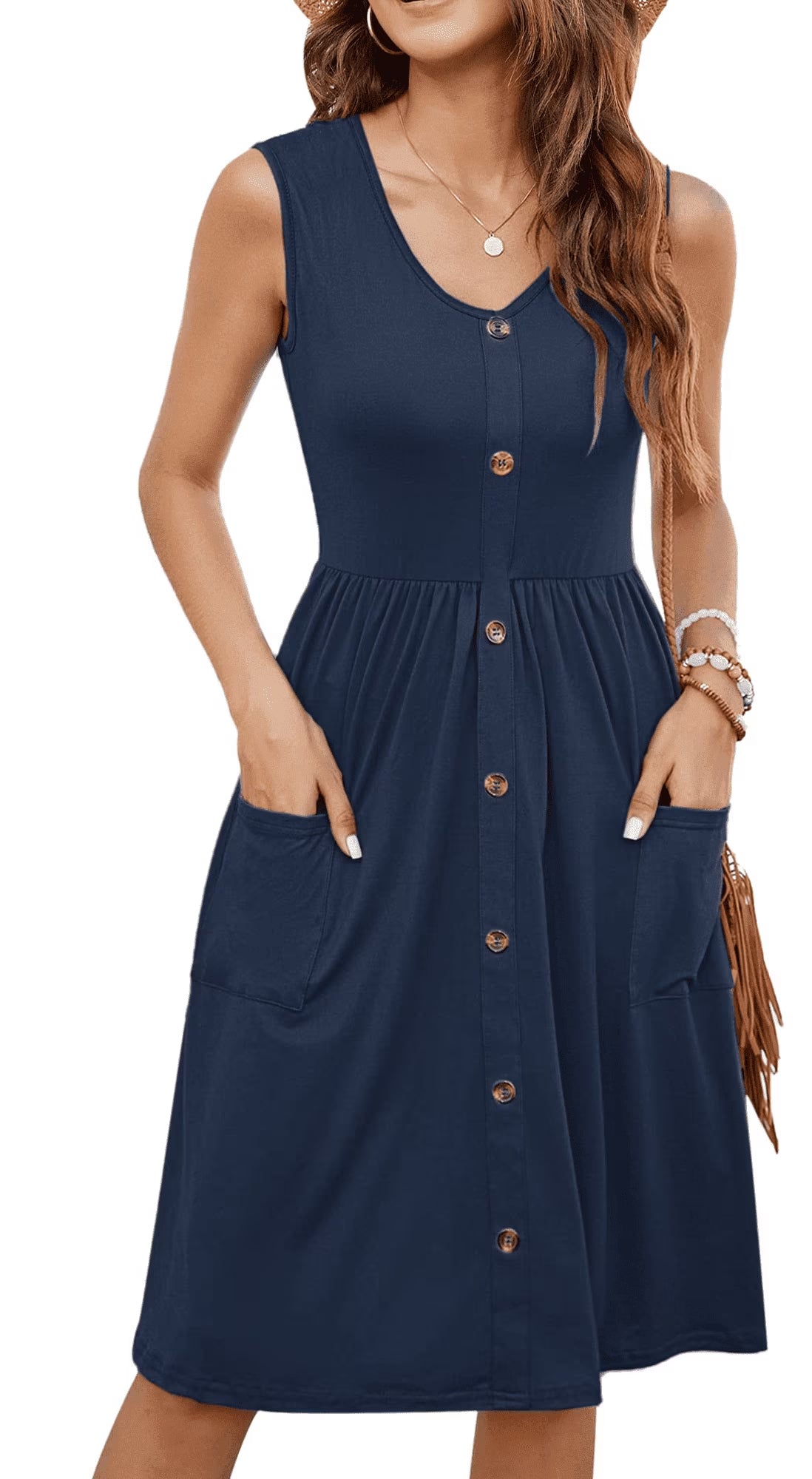 Women's Summer Dresses Casual Sleeveless Sundress Loose Button Elastic Waist Maternity Midi Dress with Pockets