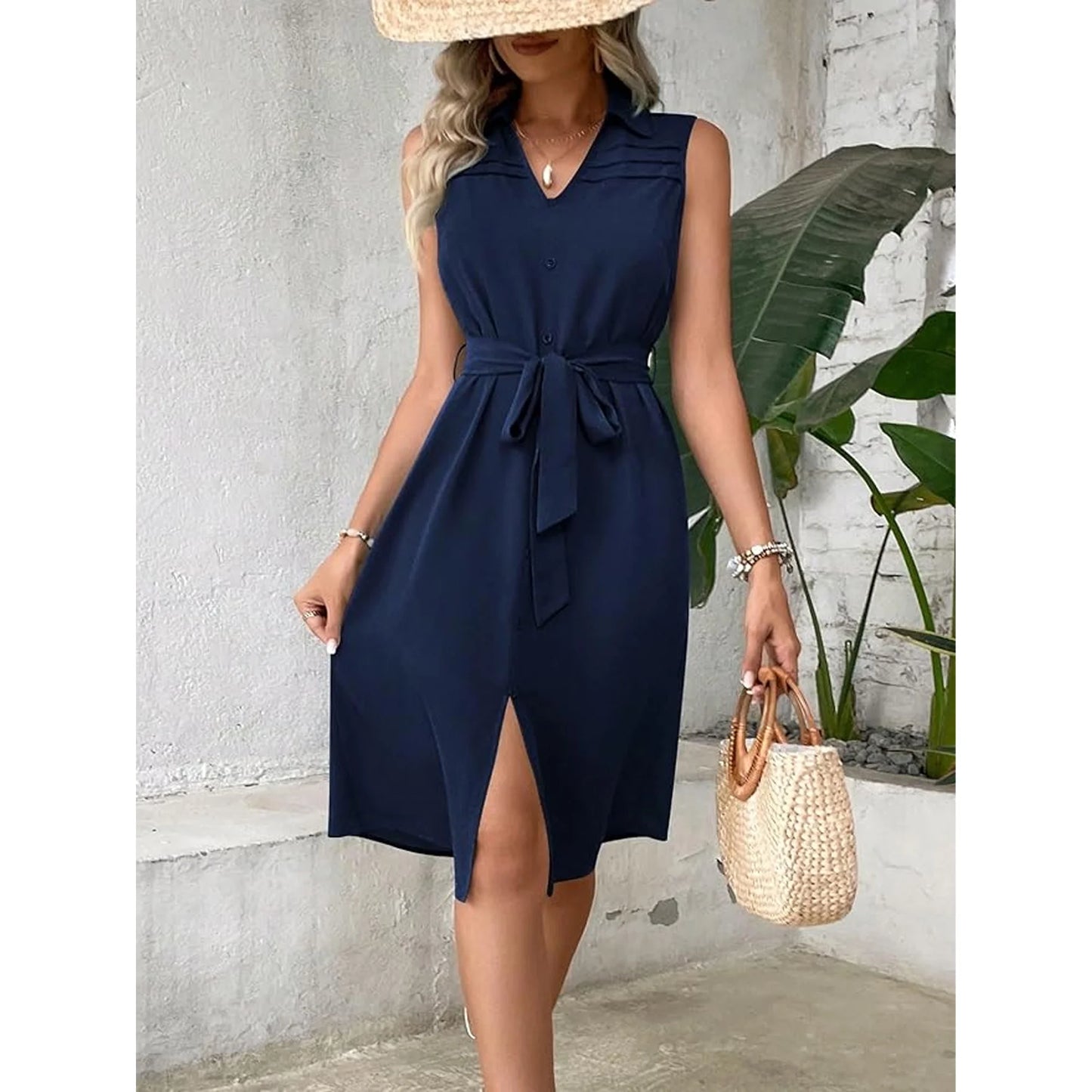 MLDRA Women's Dresses Midi Sundress Belted Shirt Sleeveless V-Neck Flowy Beach Skirt 2025 Spring Summer Casual Navy
