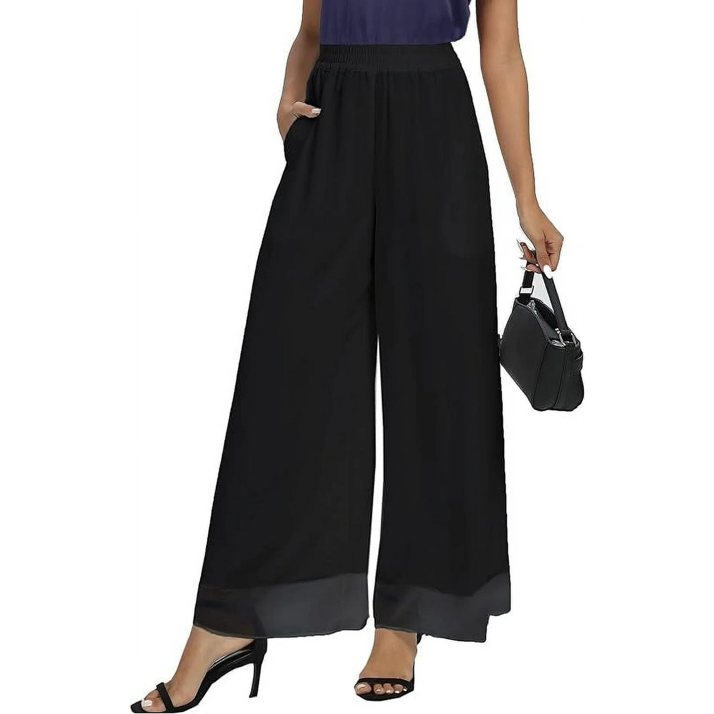 Womens Chiffon Dress Pants Palazzo Wide Leg Beach Trouser Elastic Waist Culottes with Pocket