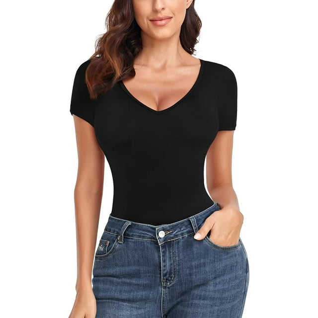 2 Pack Body Suit Tummy Control Bodysuit Deep V Neck Short Sleeve Tops Black Bodysuits for Women (Black+White)