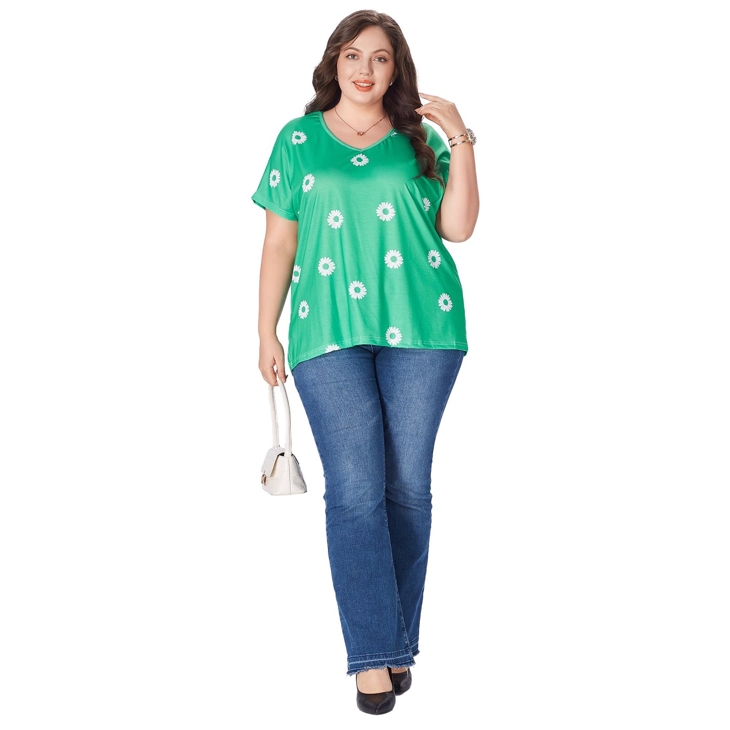 2025 Women's Plus Size Top Flower Printed V Neck Short Sleeve Casual Plus Size Tops for Women