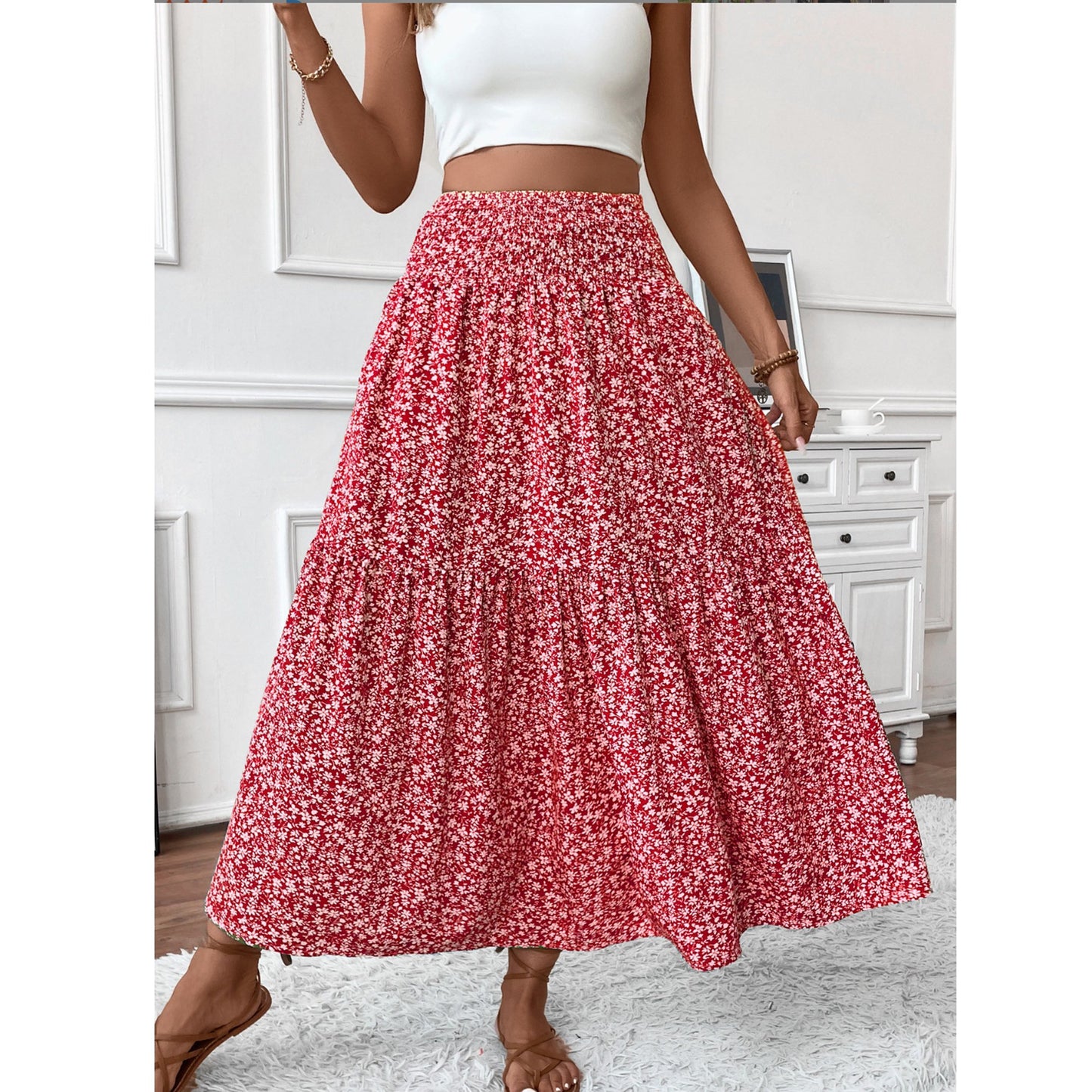 SOMER Skirts For Women Floral Smocked High Waist Midi Skirt A-Line Tiered Flowy Skirt For Summer Vacation Skirts