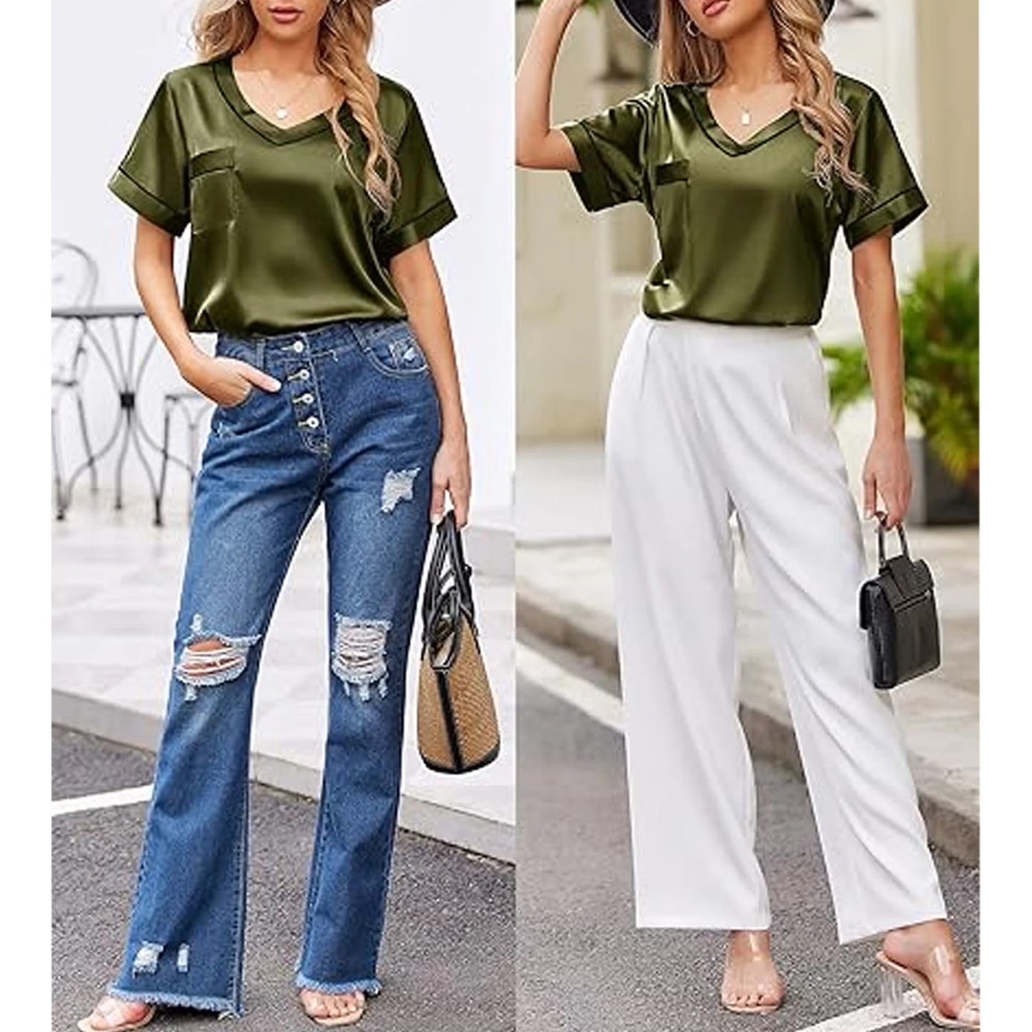 MLDRA Women's Silk Pajama Set - V-Neck Short Sleeve & Shorts 2-Piece Soft Sleepwear Loungewear 2025