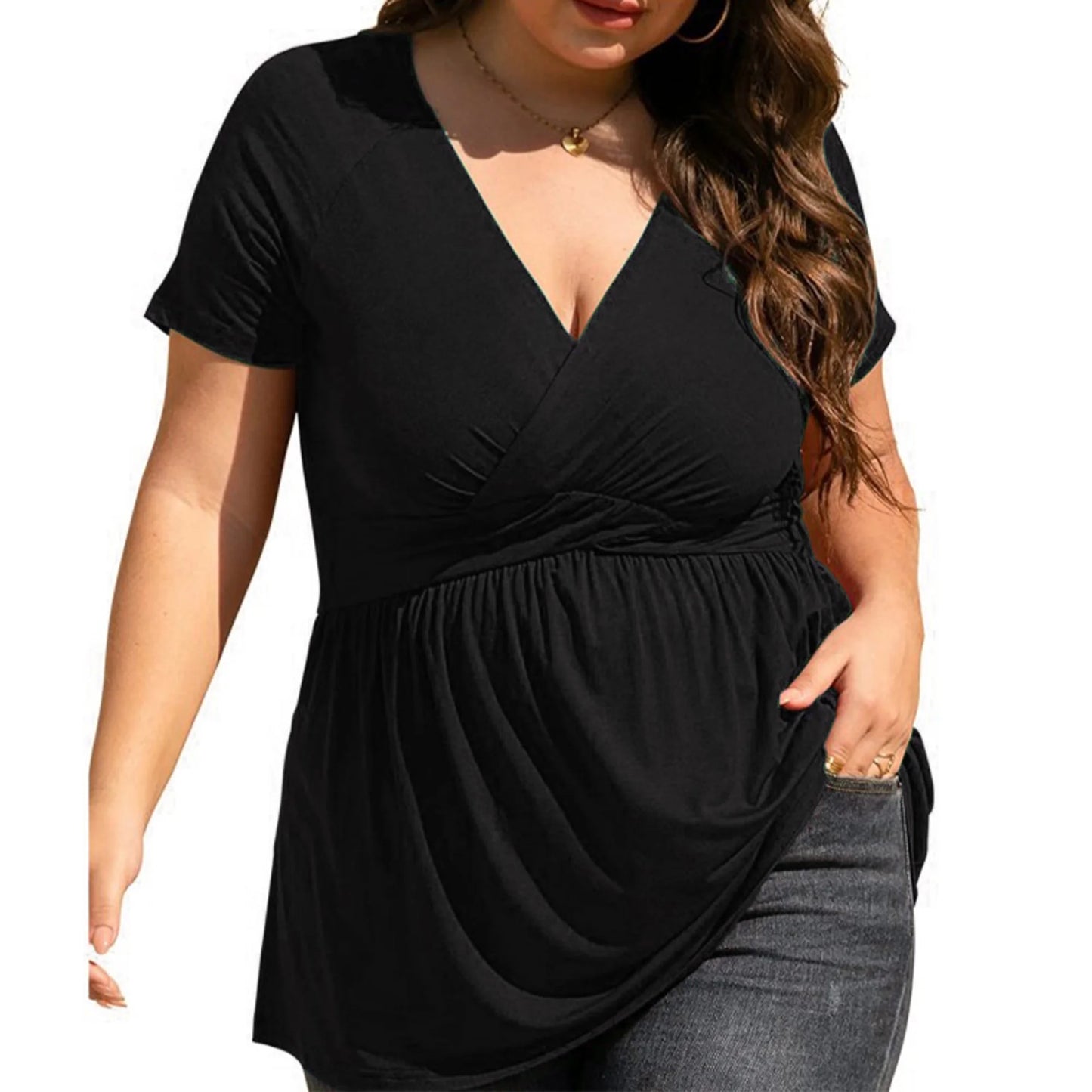 2025 Women's Plus Size Tops V Neck Short Sleeve Plus Size Tunic Tops for Women Dressy Wrap Shirts