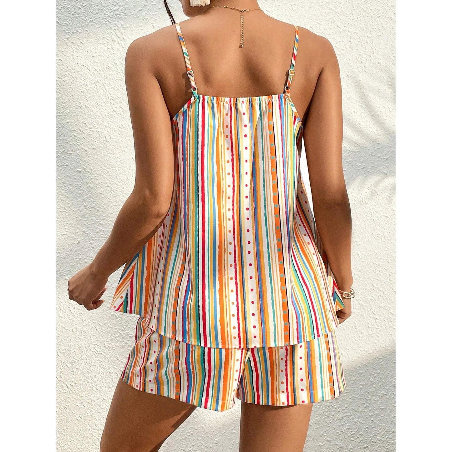 MLDRA Women's 2 Piece Outfits Boho Striped Print Cami Top and Shorts Set Summer Romper