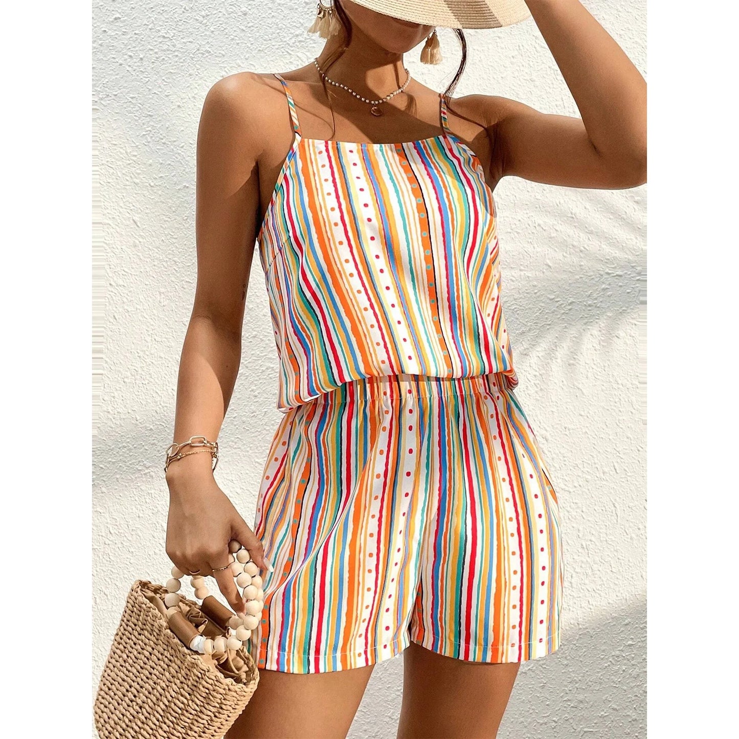 MLDRA Women's 2 Piece Outfits Boho Striped Print Cami Top and Shorts Set Summer Romper