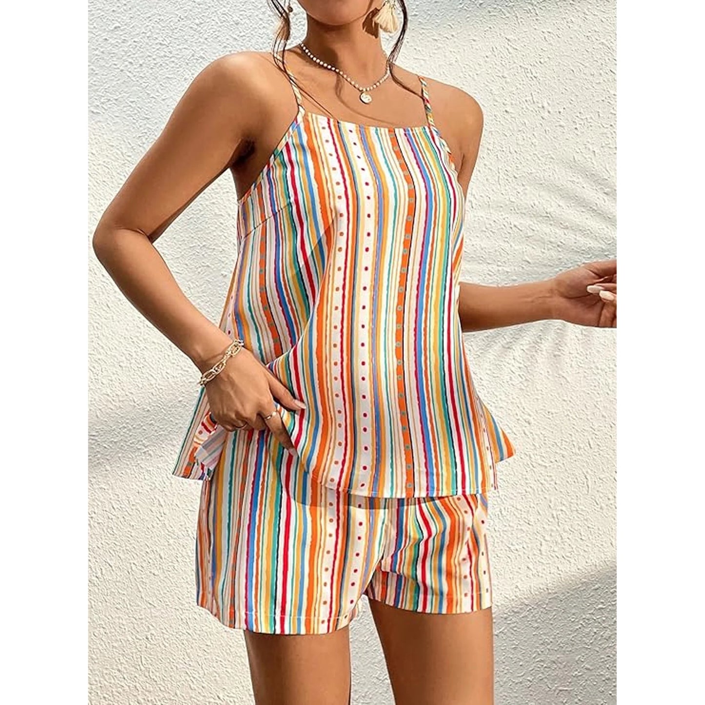 MLDRA Women's 2 Piece Outfits Boho Striped Print Cami Top and Shorts Set Summer Romper