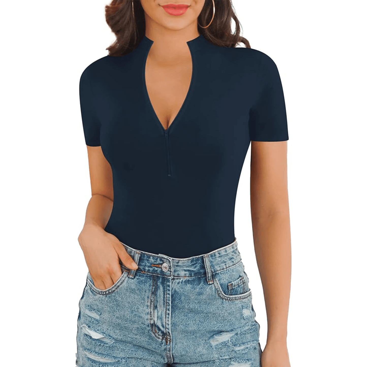 Body Suit Tummy Control Bodysuit Deep V Neck Zip Up Short Sleeve Tops Black Bodysuits for Women Black