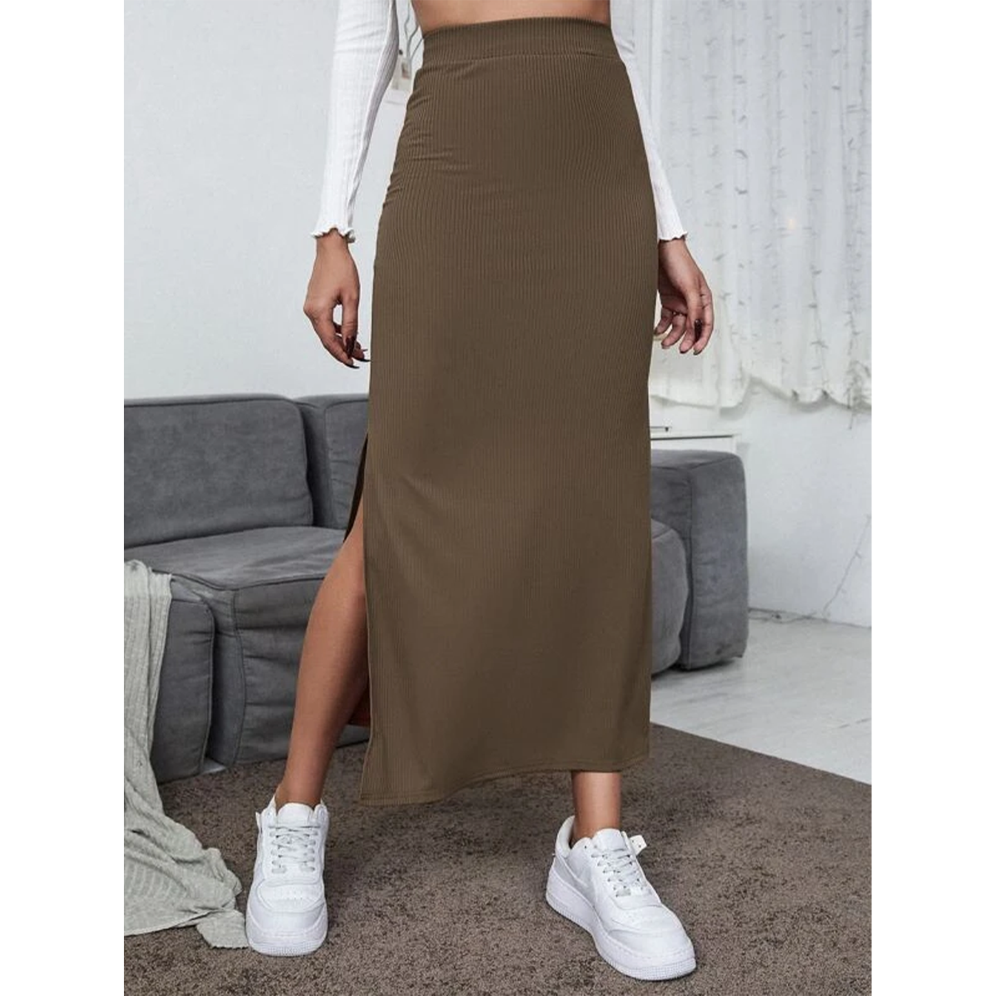 SOMER Skirts For Women Split Ribbed Knit Bodycon Skirt Waisted Side Slit Pencil Long Maxi Skirts