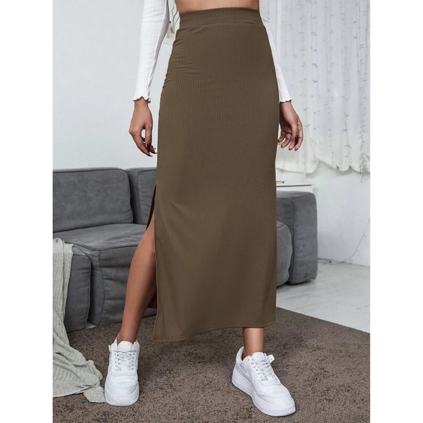 SOMER Skirts For Women Split Ribbed Knit Bodycon Skirt Waisted Side Slit Pencil Long Maxi Skirts