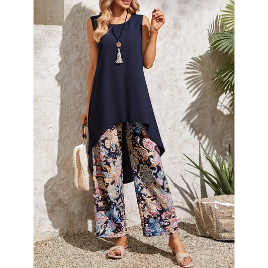 Women's Lounge Set 2 Piece Bohemian Outfit Sleeveless Tank Top High-Waisted Wide Leg Pants Leisure BeachSuit Loungewear Summer