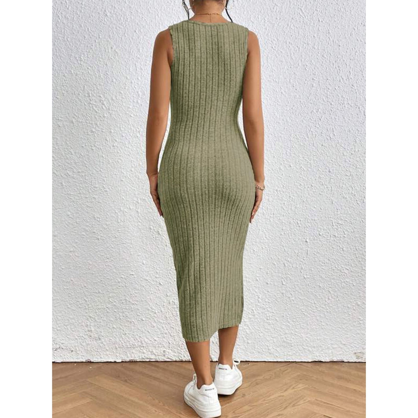 MLDRA Ribbed Dresses for Women's Scoop Neck Sleeveless Sexy Knit Midi Tank Dress with Slit