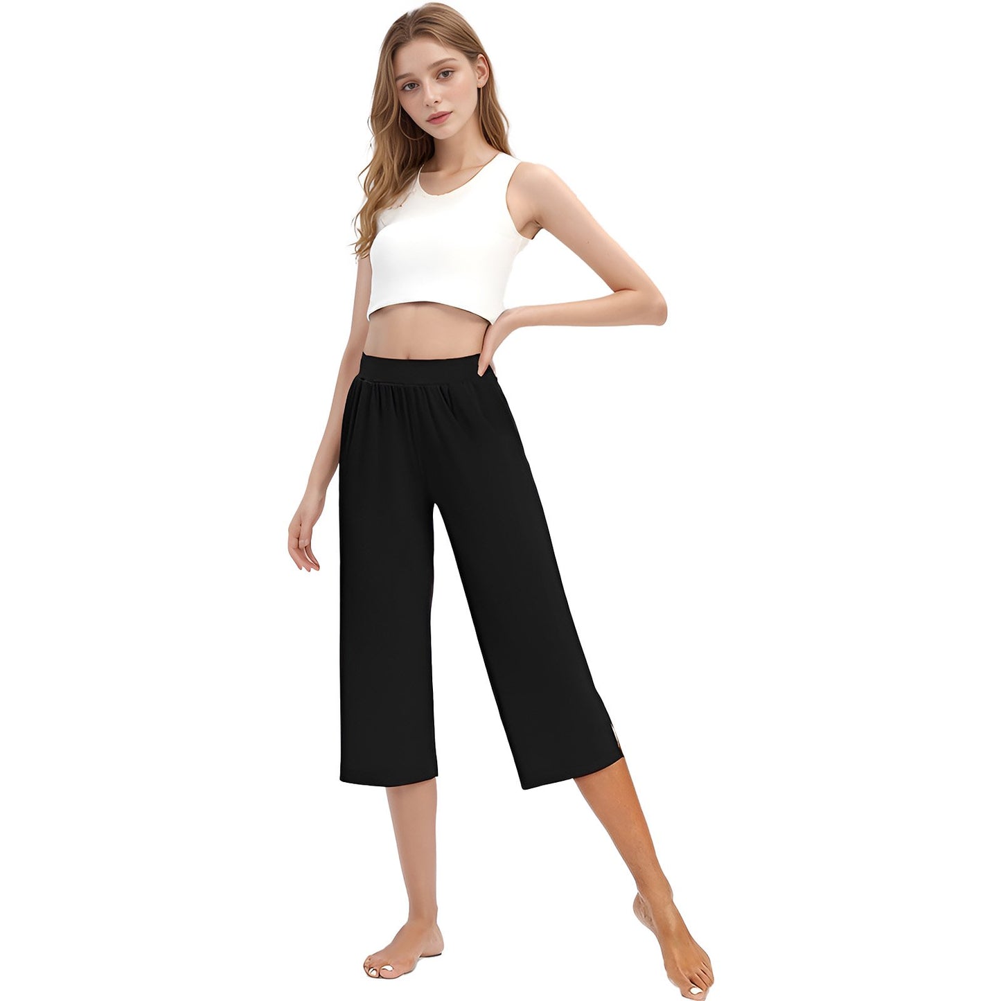Women's Capri Sweatpants Yoga Capri Pants Cozy Wide Legs Cropped Capri with Pockets, Lounge Jogger Pants Workout Yoga Capris