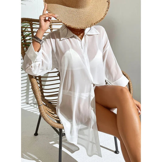MLDRA Swimsuit Coverup for Women Bikini Bathing Suit Beach Cover Up Loose V-Neck Swimwear Button Down Shirt Dress