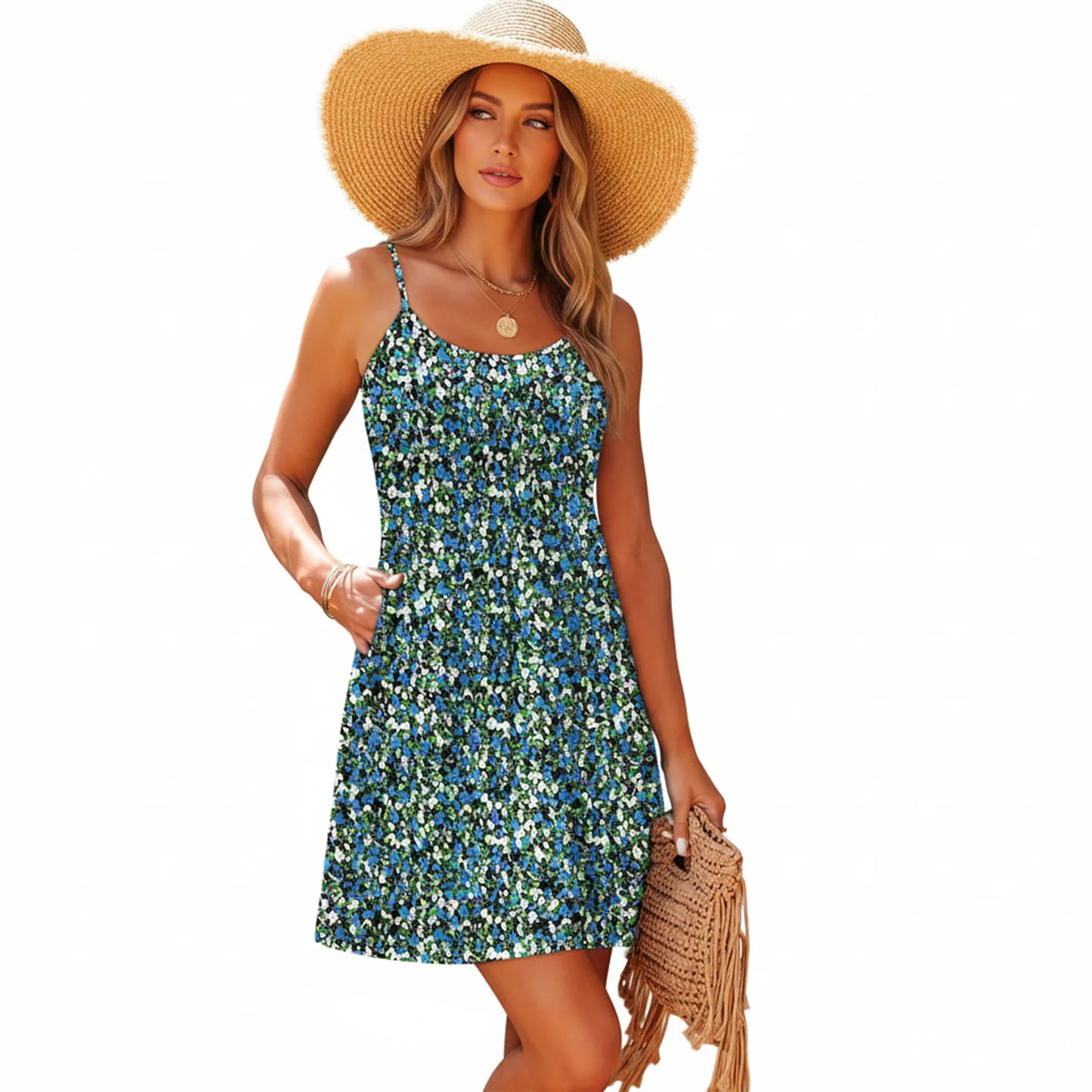 MLDRA Boho Dresses for Women Summer Casual Sleeveless Floral Spaghetti Strap Mini Dress for Beach Vacation Holiday Party, Green
