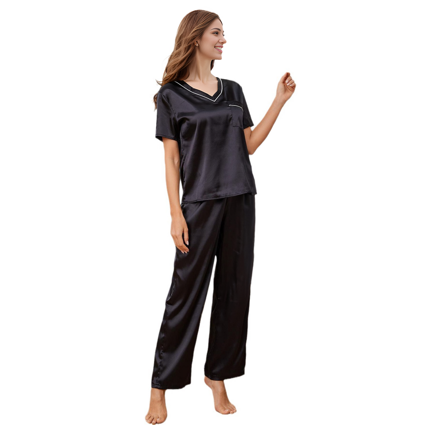 MLDRA Satin Pajama Set for Women - Short Sleeve V Neck Silk Top & Long Pants, Soft 2-Piece Loungewear Sleepwear for Spring and Autumn