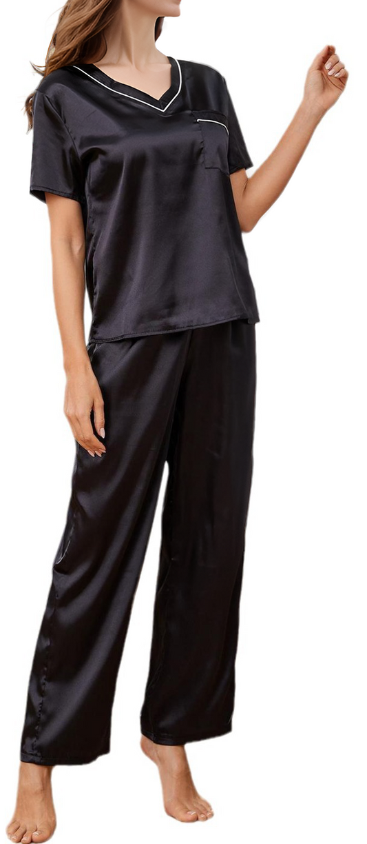 MLDRA Womens Pajamas Sets Satin Pjs Short Sleeve V Neck Silk Top with Long Pants Lounge Sleepwear