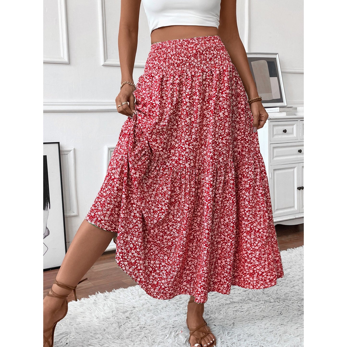 SOMER Skirts For Women Floral Smocked High Waist Midi Skirt A-Line Tiered Flowy Skirt For Summer Vacation Skirts
