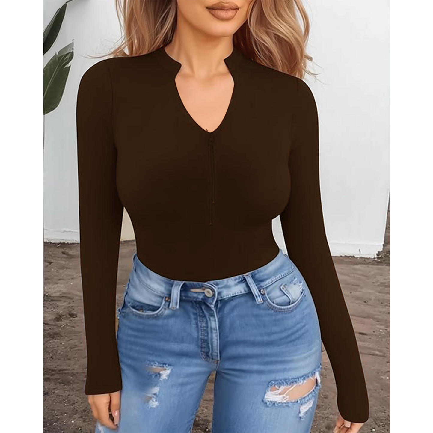 Body Suit Tummy Control Bodysuit Deep V Neck Zip Up Long Sleeve Tops Black Bodysuits for Women Black