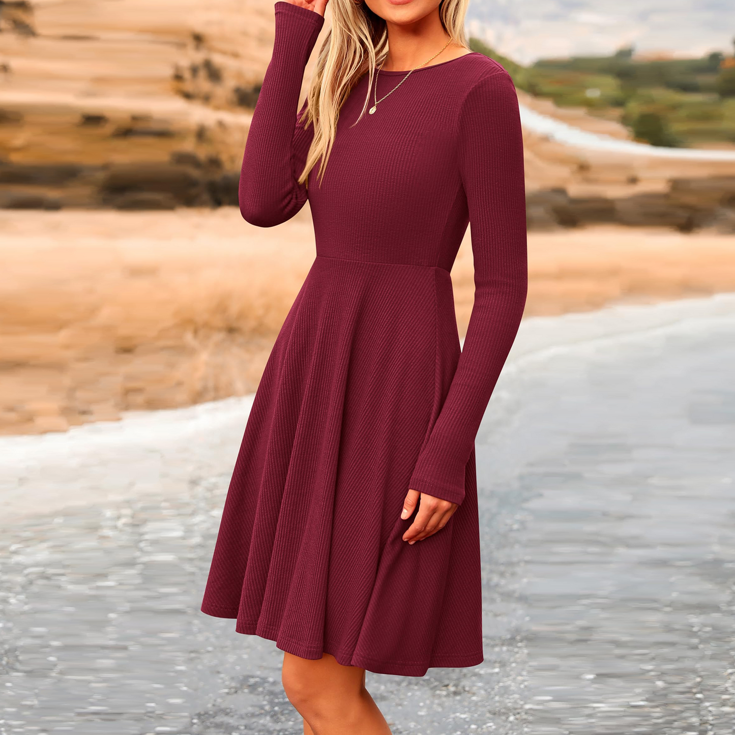 MLDRA Dress for Women Casual Long Sleeve Ribbed Knit A-Line Flowy Fall Winter Sweater Dress, Crewneck Elegant Going Out Dresses for Women 2025