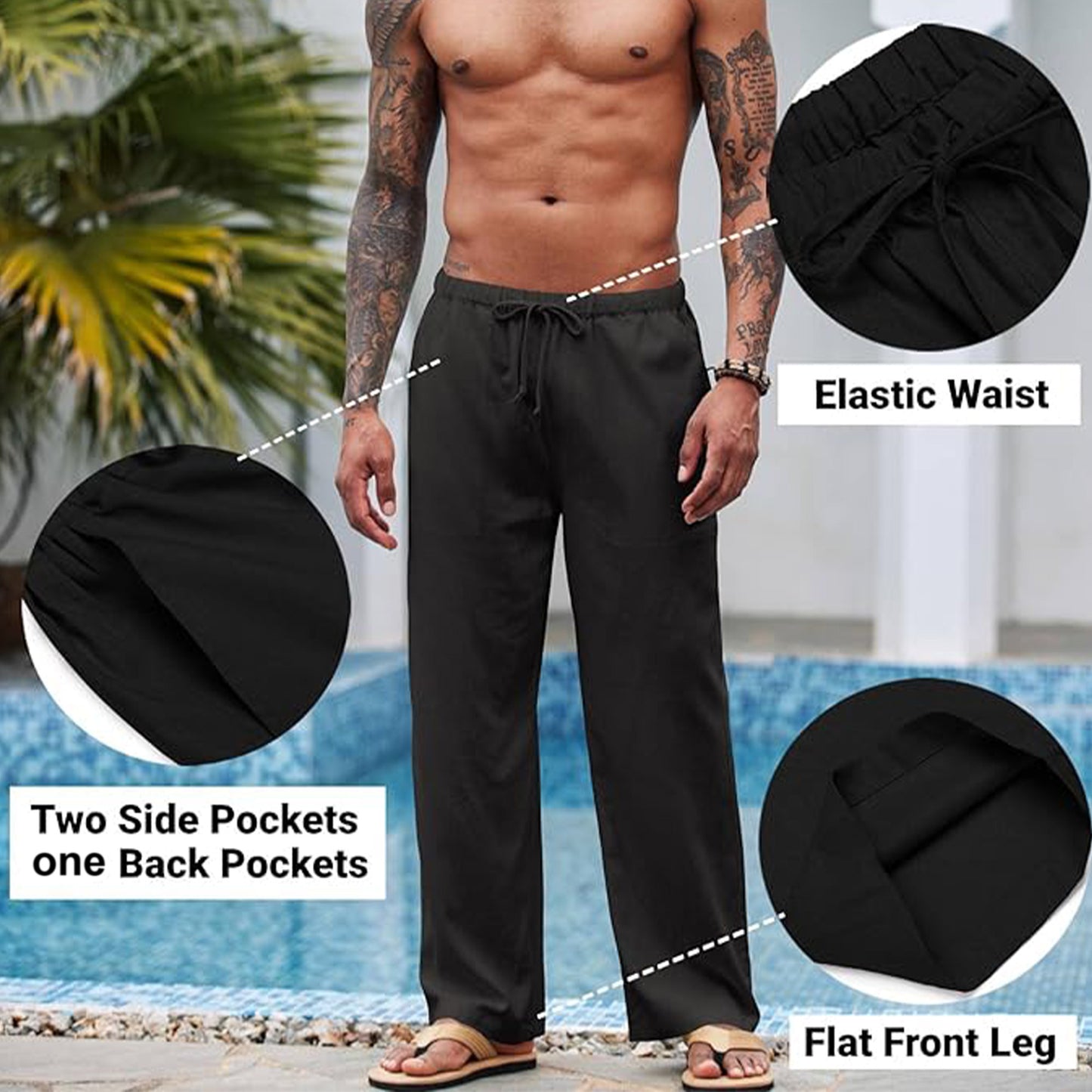 Men's Linen Pants Drawstring Slim Fit Elastic Waist Wide Leg Trousers Lightweight Beach Summer Pants