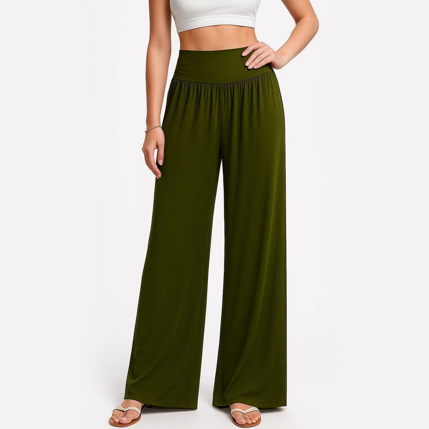 MLDRA Wide Leg Pants Women Flowy Dressy Cotton Casual Womens Pants Elastic High Waist Palazzo Pant for Women with Pockets