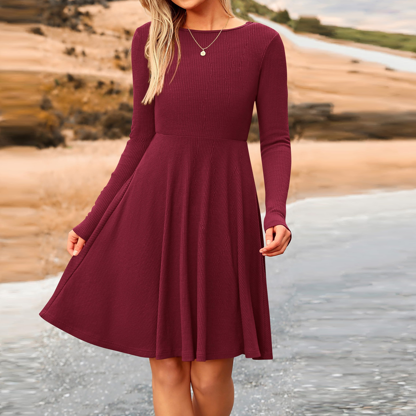 MLDRA Dress for Women Casual Long Sleeve Ribbed Knit A-Line Flowy Fall Winter Sweater Dress, Crewneck Elegant Going Out Dresses for Women 2025